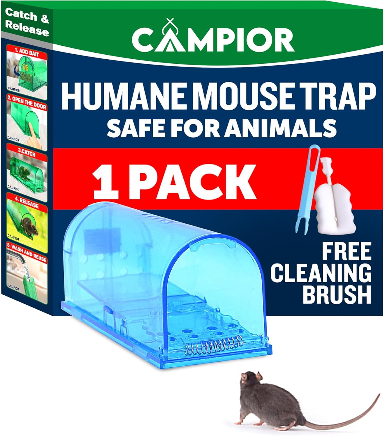 Campior Humane No-Kill Mouse Trap, Large, Indoor, Child & Pet Safe, Easy to Clean, 1-Pack, Blue