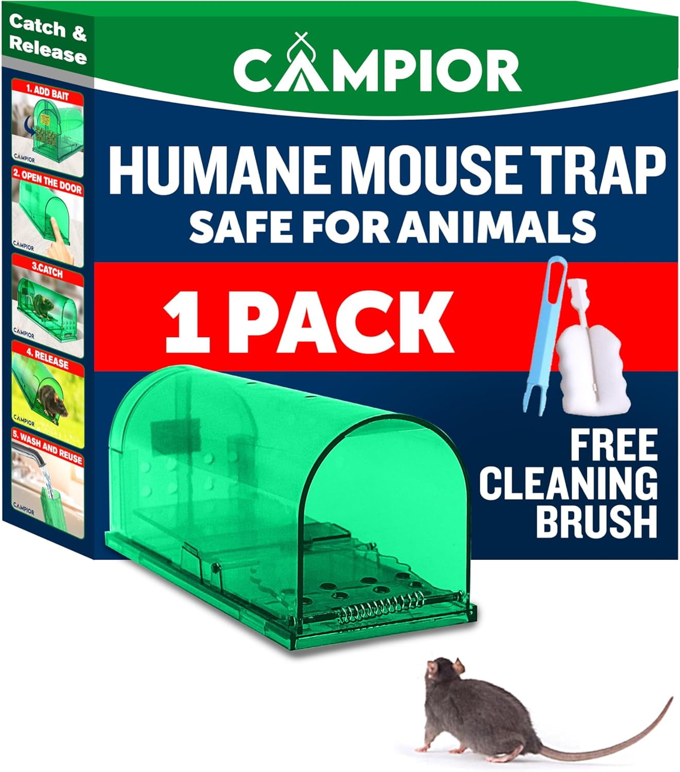Campior Humane No-Kill Mouse Trap, Large, Indoor, Child & Pet Safe, Easy to Clean, 1-Pack, Green