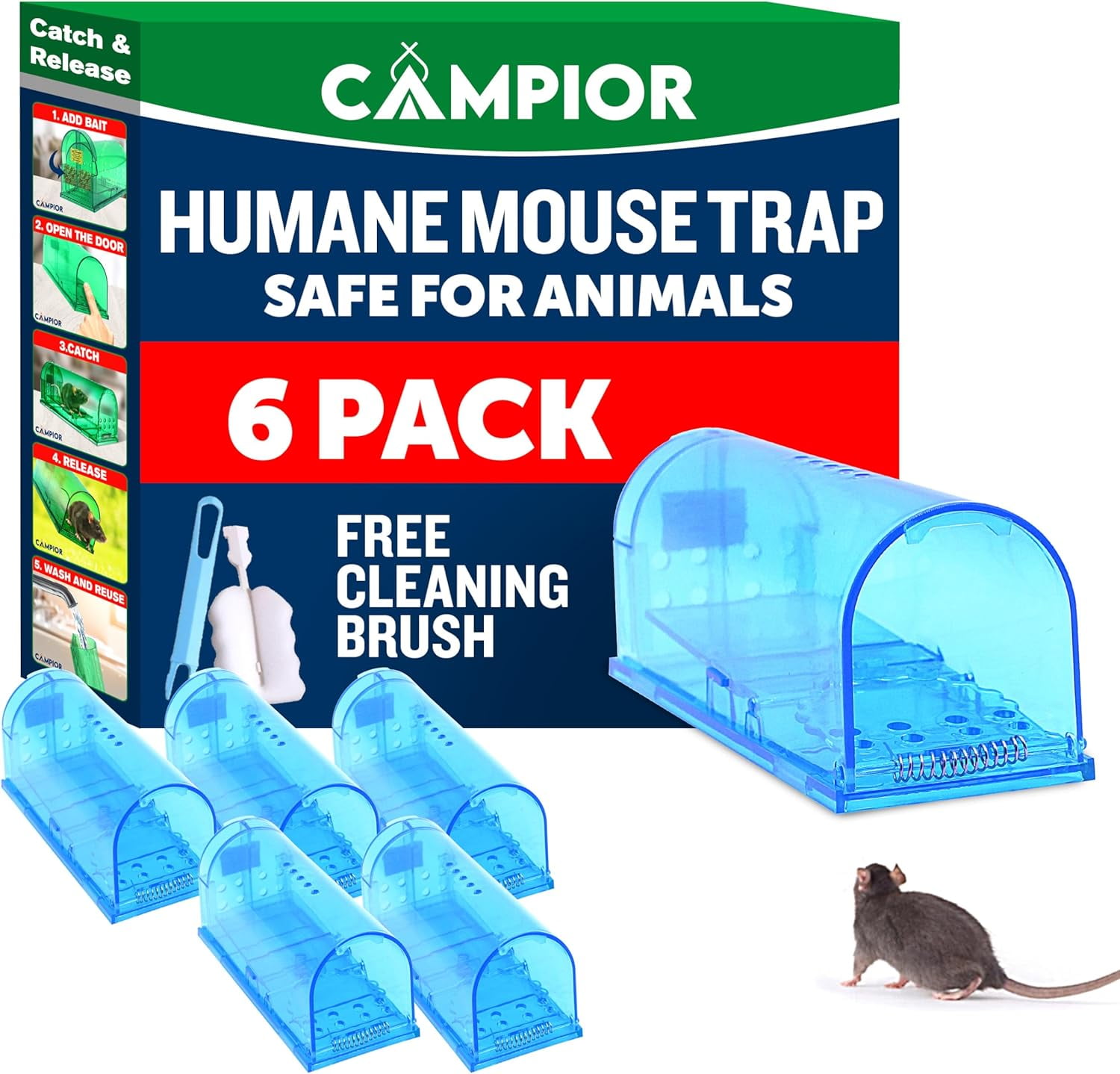Campior Humane No-Kill Mouse Trap, Large, Indoor, Child & Pet Safe, Easy to Clean, 6-Pack, Blue