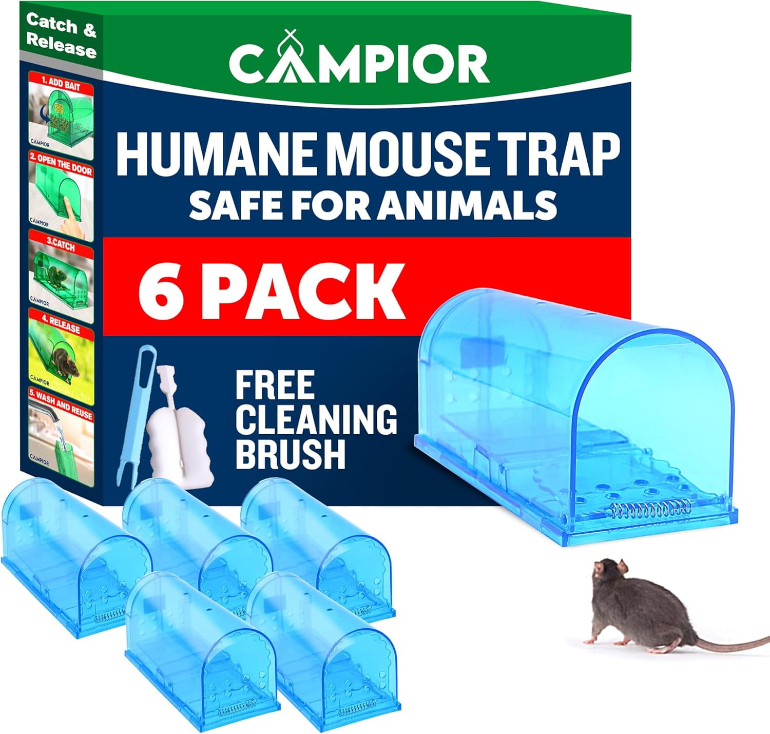Campior Humane No-Kill Mouse Trap, Large, Indoor, Pet & Child Safe, Easy to Clean, 6-Pack, Blue