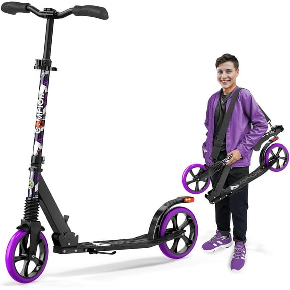 Campior Kick Scooter for Ages 6+, Kids, Teens & Adults, Foldable with Kickstand, 8-Inch Big Wheels, Max Load 240 lbs, 3-Level Adjustable Handlebar, Purple