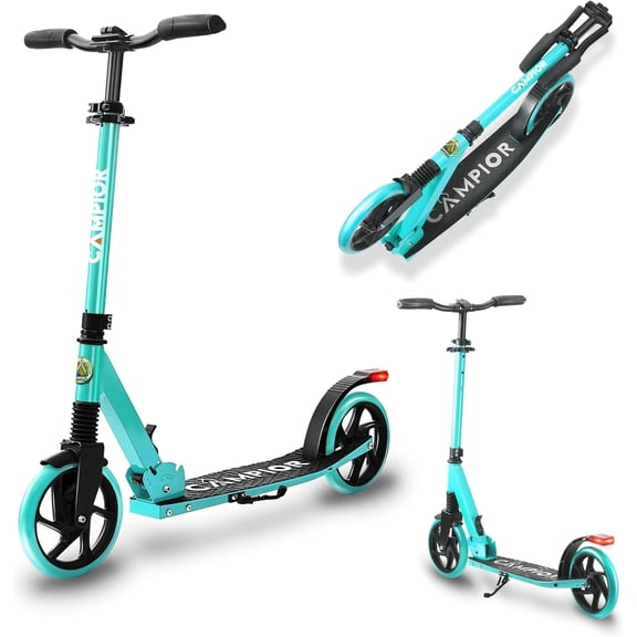 Campior Kick Scooter for Ages 6+, For Kids, Teens, and Adults, Max Load 240 LBS, Foldable, 8-inch Big Wheels for Kids and Adults, With Kickstand, 3 Adjustable Levels, Child Safety Approved, Aqua