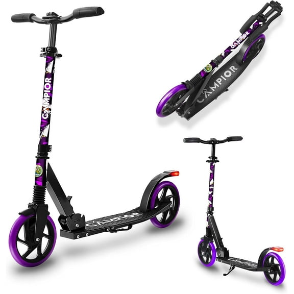 Campior Kick Scooter for Ages 6 , For Kids, Teens, and Adults, Max Load 240 LBS, Foldable, 8-inch Big Wheels for Kids and Adults, With Kickstand, 3 Adjustable Levels, Child Safety Approved, Purple