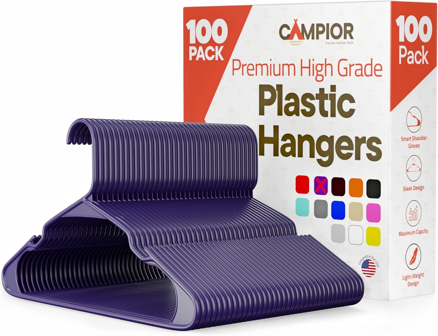 Campior Plastic Hangers 100-Pack – Heavy-Duty Slim Space-Saving Hangers with Non-Slip Shoulder Notches for Dresses, Suits, Jackets & More, Purple