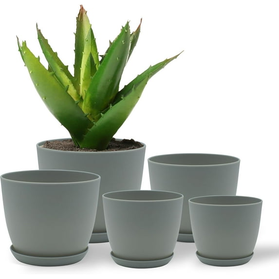 Campior Plastic Plant Pots with Drainage, Stackable Design for Indoor/Outdoor Use, Pack of 5, Gray