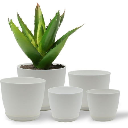 Campior Plastic Plant Pots with Drainage, Stackable Design for Indoor/Outdoor Use, Pack of 5, White