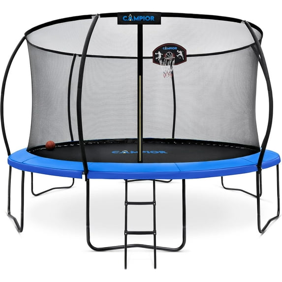 Campior Pumpkin Trampoline with Hoop & Enclosure – Durable, Safe, Waterproof, Backyard Fun - Blue 14FT