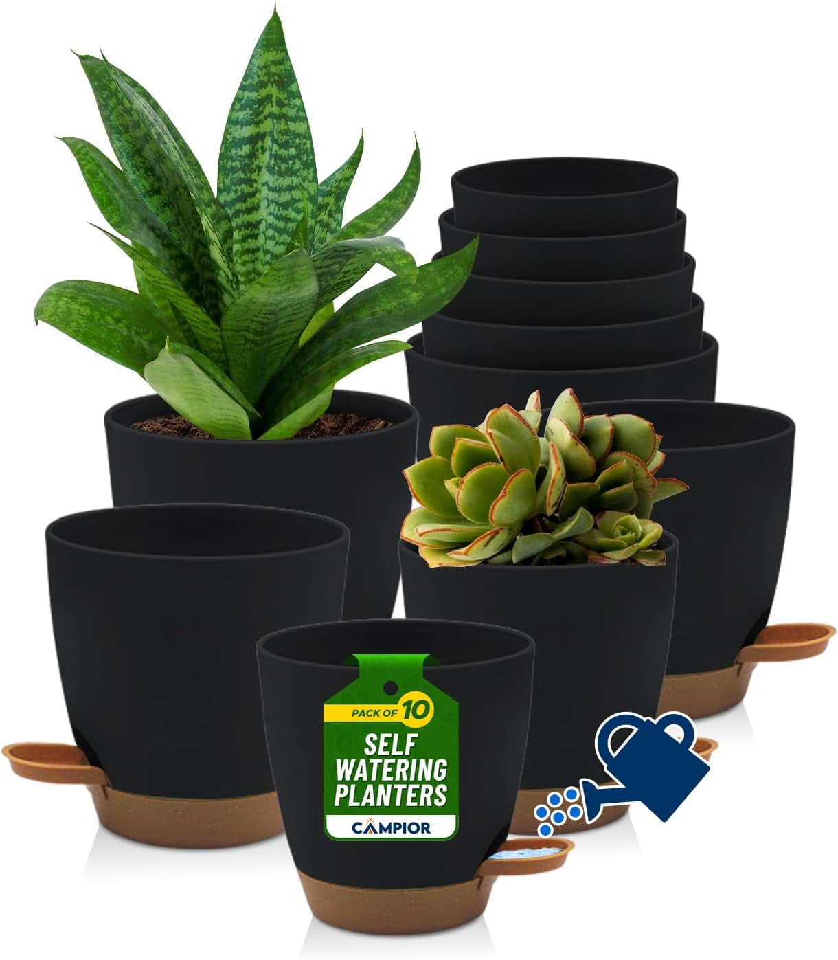 Campior Self-Watering Planters, 5 Sizes with Drainage Holes & Wick Rope, Pack of 10, Black