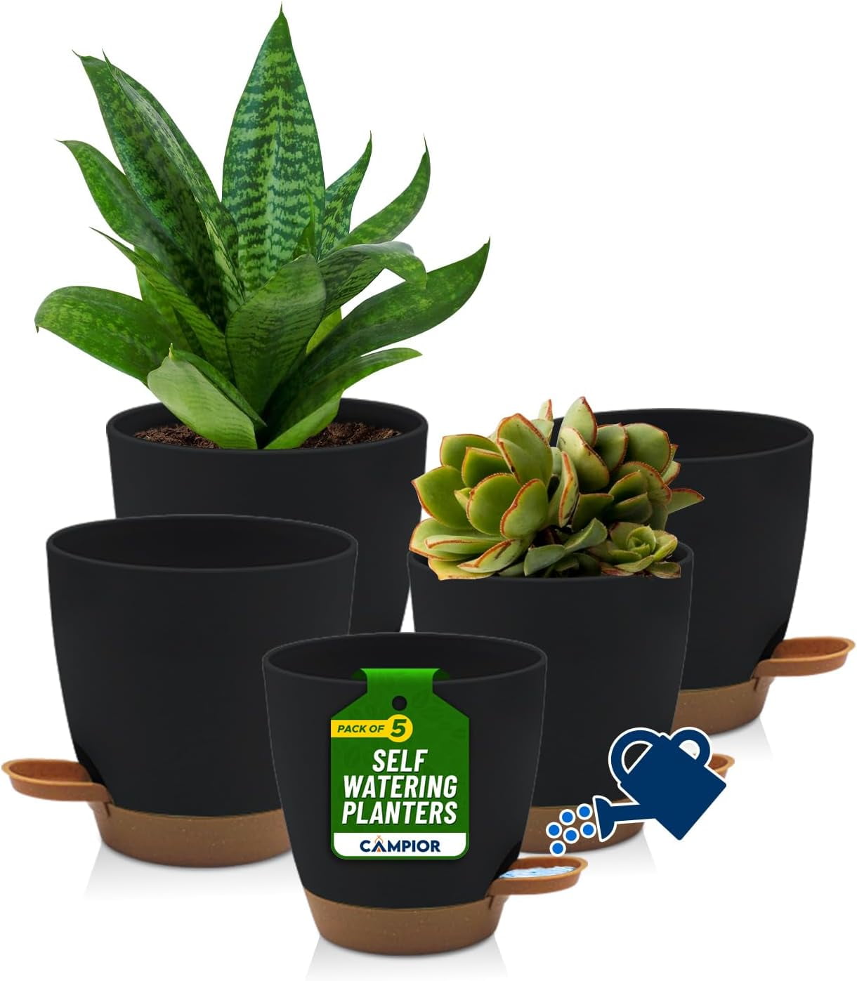 Campior Self-Watering Planters, 5 Sizes with Drainage Holes & Wick Rope, Pack of 20, Green