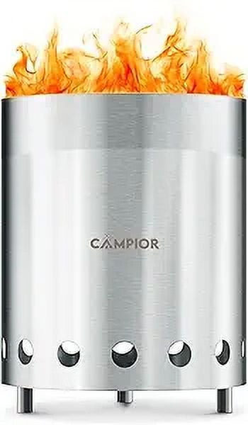 Campior Smokeless Wood Burning Fire Pit Stove, Stainless Steel with Ash Pan, Stand & Carry Bag - 6 Inch Silver
