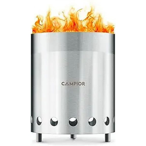 Campior Smokeless Wood Burning Fire Pit Stove, Stainless Steel with Ash Pan, Stand & Carry Bag - 6 Inch Silver