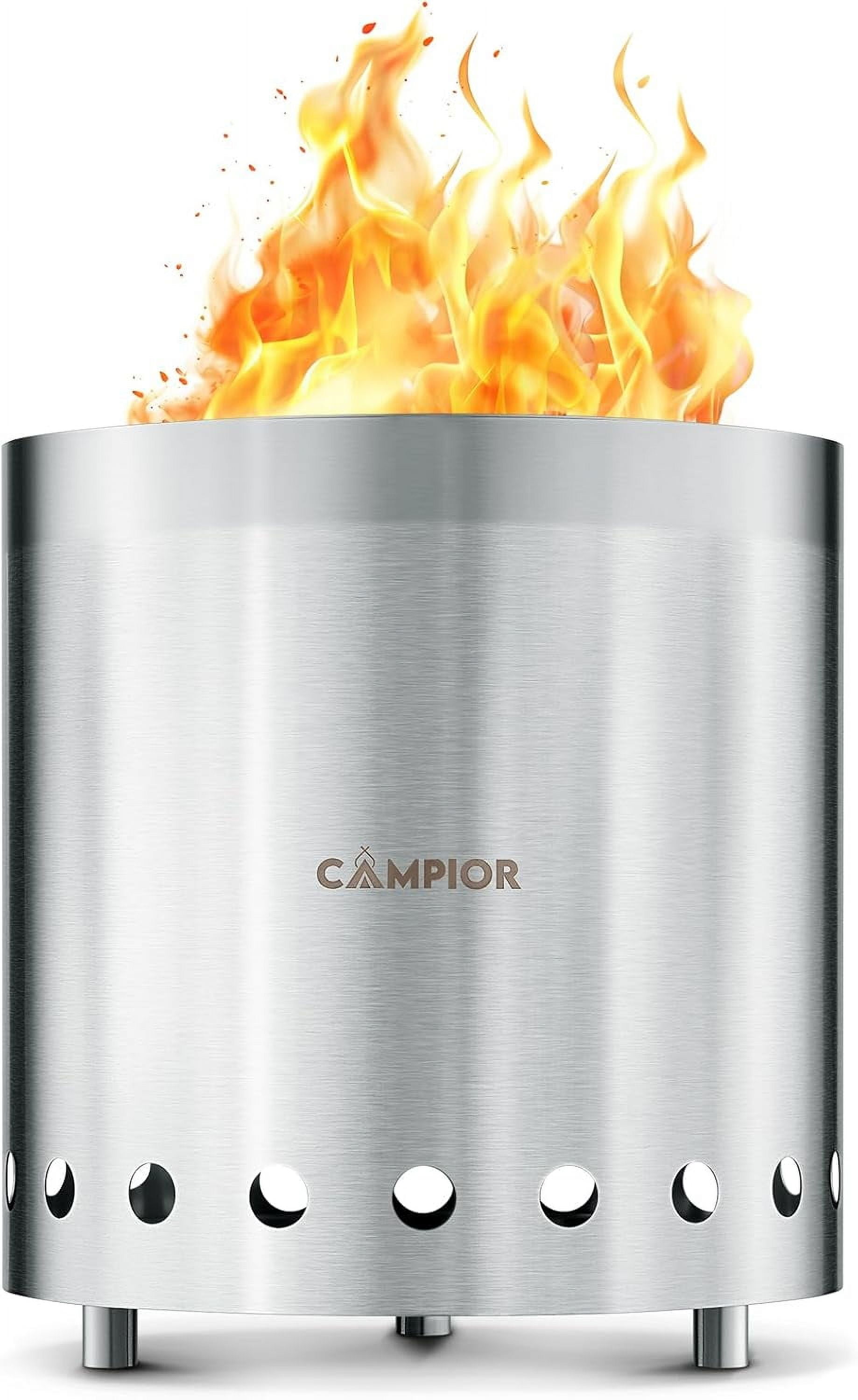 Campior Smokeless Wood Burning Fire Pit Stove, Stainless Steel with Ash Pan, Stand & Carry Bag - 9 Inch Silver