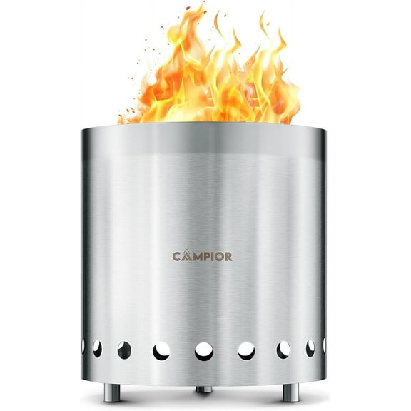 Campior Smokeless Wood Burning Fire Pit Stove, Stainless Steel with Ash Pan, Stand & Carry Bag - 9 Inch Silver