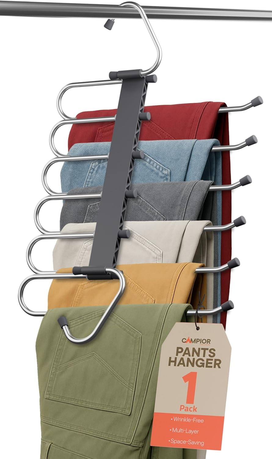Campior Space Saving Pants Hanger, 1-Pack 6-Layer Jeans & Skirt Organizer, Anti-Slip Stainless Steel Closet Hanger, Gray