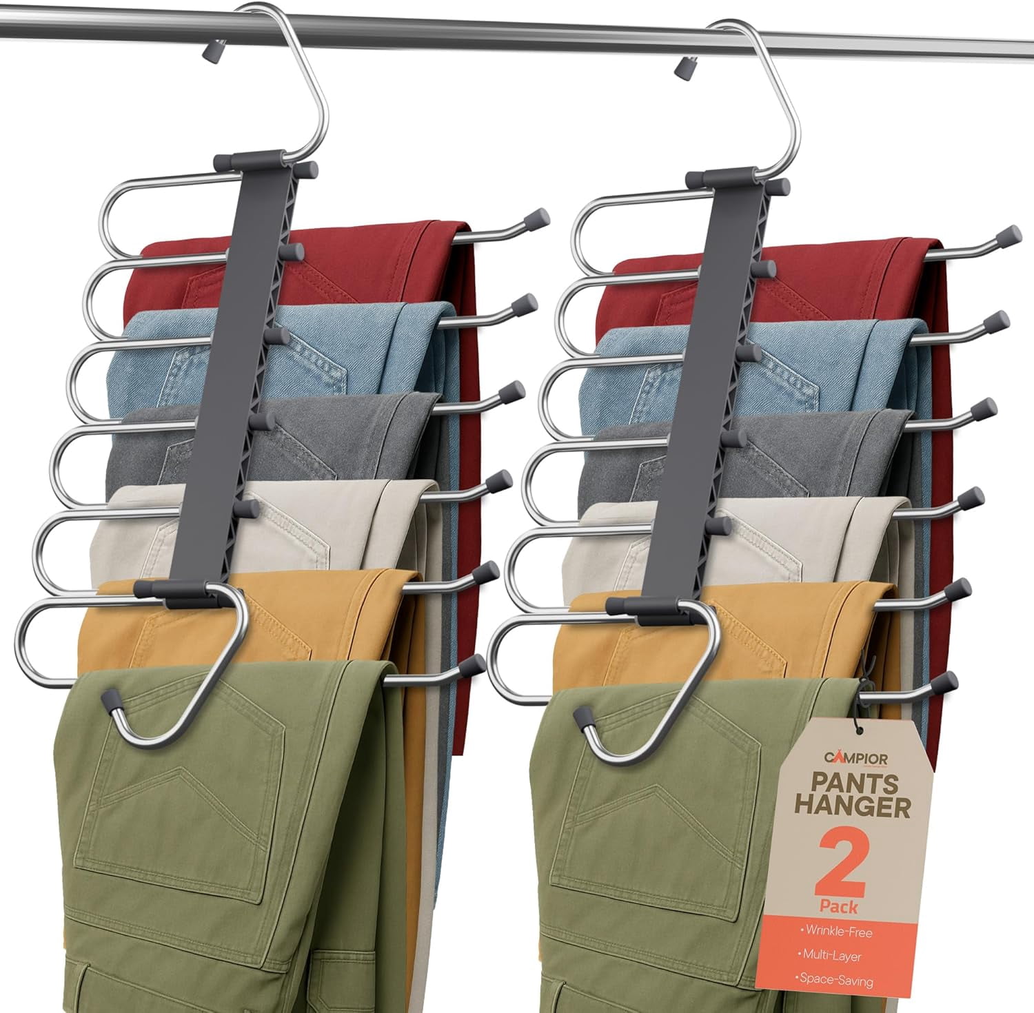 Campior Space Saving Pants Hanger, 2-Pack 6-Layer Jeans & Skirt Organizer, Anti-Slip Stainless Steel Closet Hanger, Gray