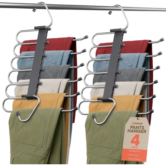 Campior Space Saving Pants Hanger, 4-Pack 6-Layer Jeans & Skirt Organizer, Anti-Slip Stainless Steel Closet Hanger, Gray