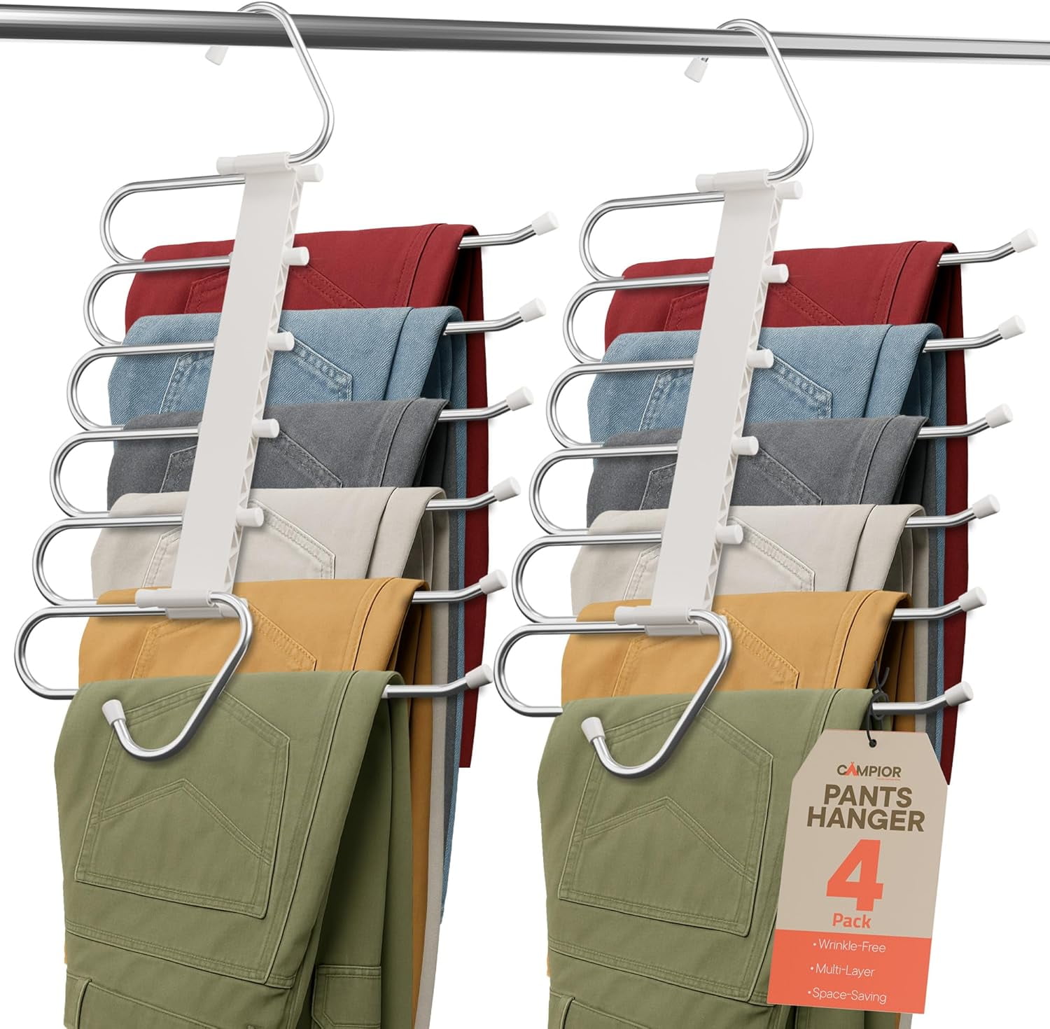 Campior Space Saving Pants Hanger, 4-Pack 6-Layer Jeans & Skirt Organizer, Anti-Slip Stainless Steel Closet Hanger, White