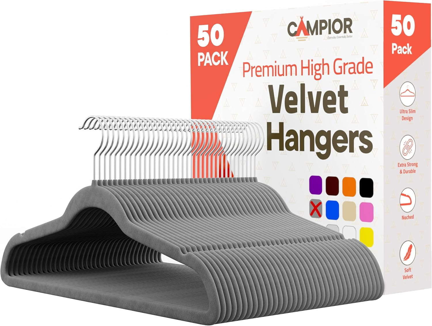 Campior Velvet Hangers 50 Pack – Heavy Duty 11 lb Capacity, 360° Swivel Hooks, Non-Slip Space-Saving Design, Smooth Velvet for Crease-Free, Gray