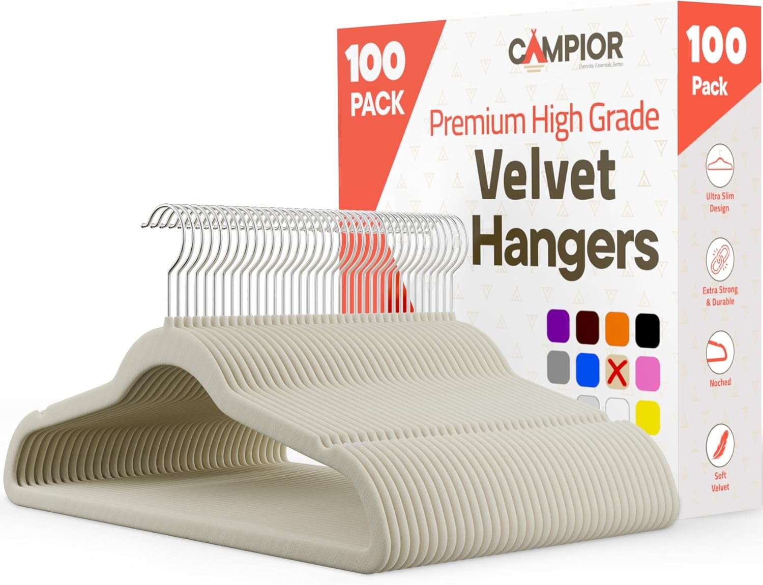 Campior Velvet Hangers 50 Pack – Heavy Duty 11 lb Capacity, 360° Swivel Hooks, Non-Slip Space-Saving Design, Smooth Velvet for Crease-Free, Ivory