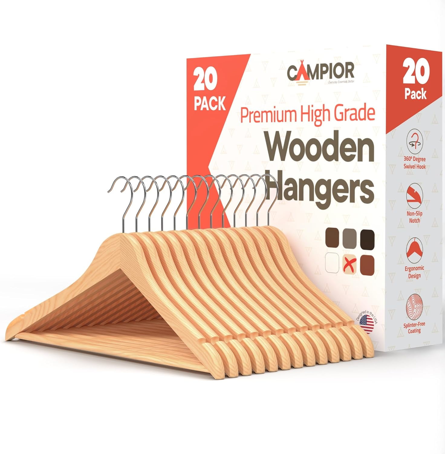 Natural Wooden Hangers 20 Pack – Heavy-Duty with 360° Swivel Hook, Non-Slip, Pants Bar & Shoulder Grooves - Wooden Hangers for Suits, Jackets, Dresses & Camisoles, Space-Saving and Smooth Finish