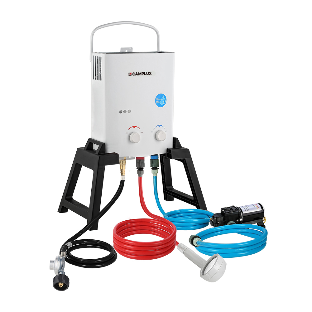 CAMPLUX 1.32 GPM 34,000 BTU Portable Outdoor Camping Propane Gas Tankless Water Heaters with Freestanding Stand and Carry Bag