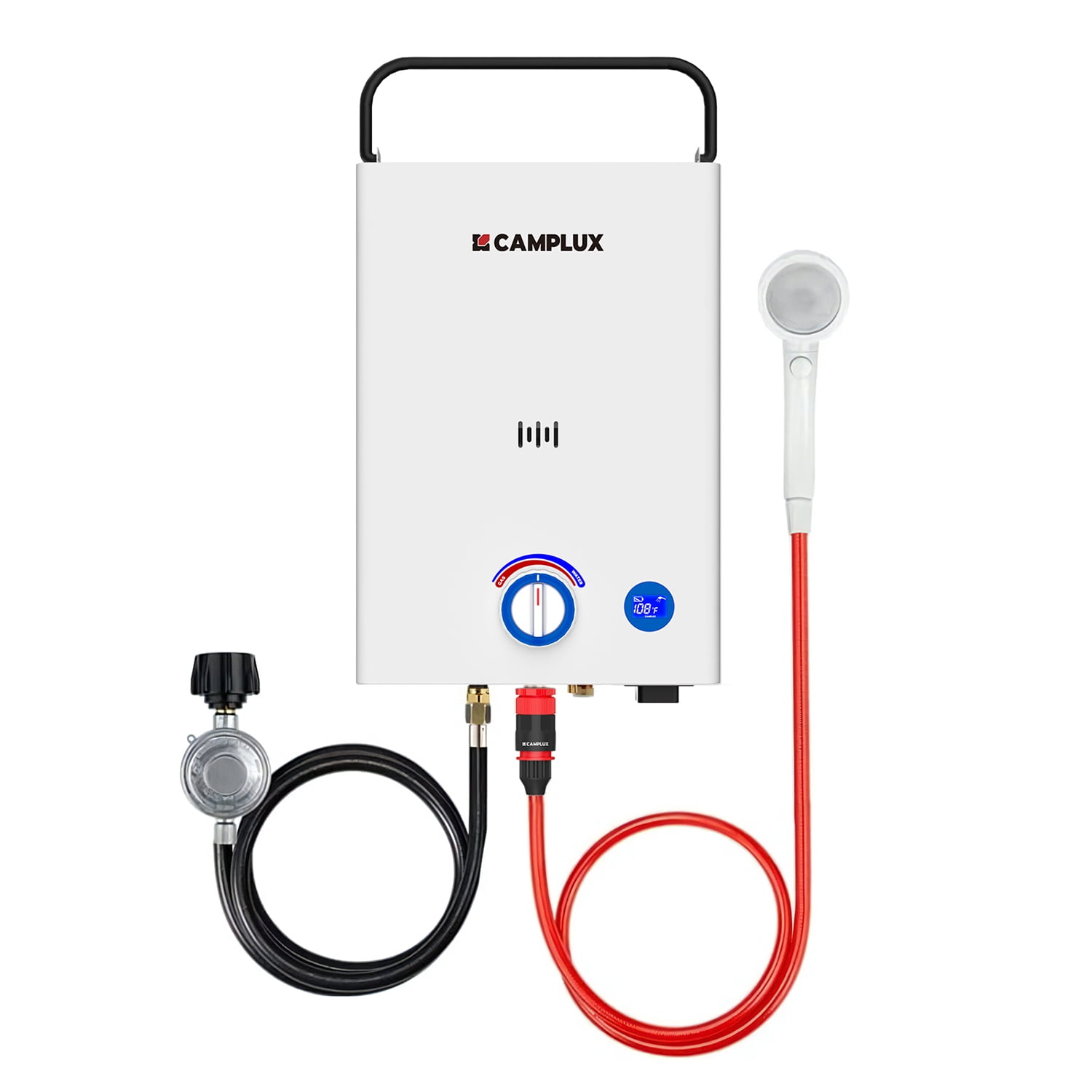 CAMPLUX 2.64GPM 68,000 BTU Portable Outdoor Tankless Water Heater F10,  Propane Gas Camping Water Heater with LED Digital Display