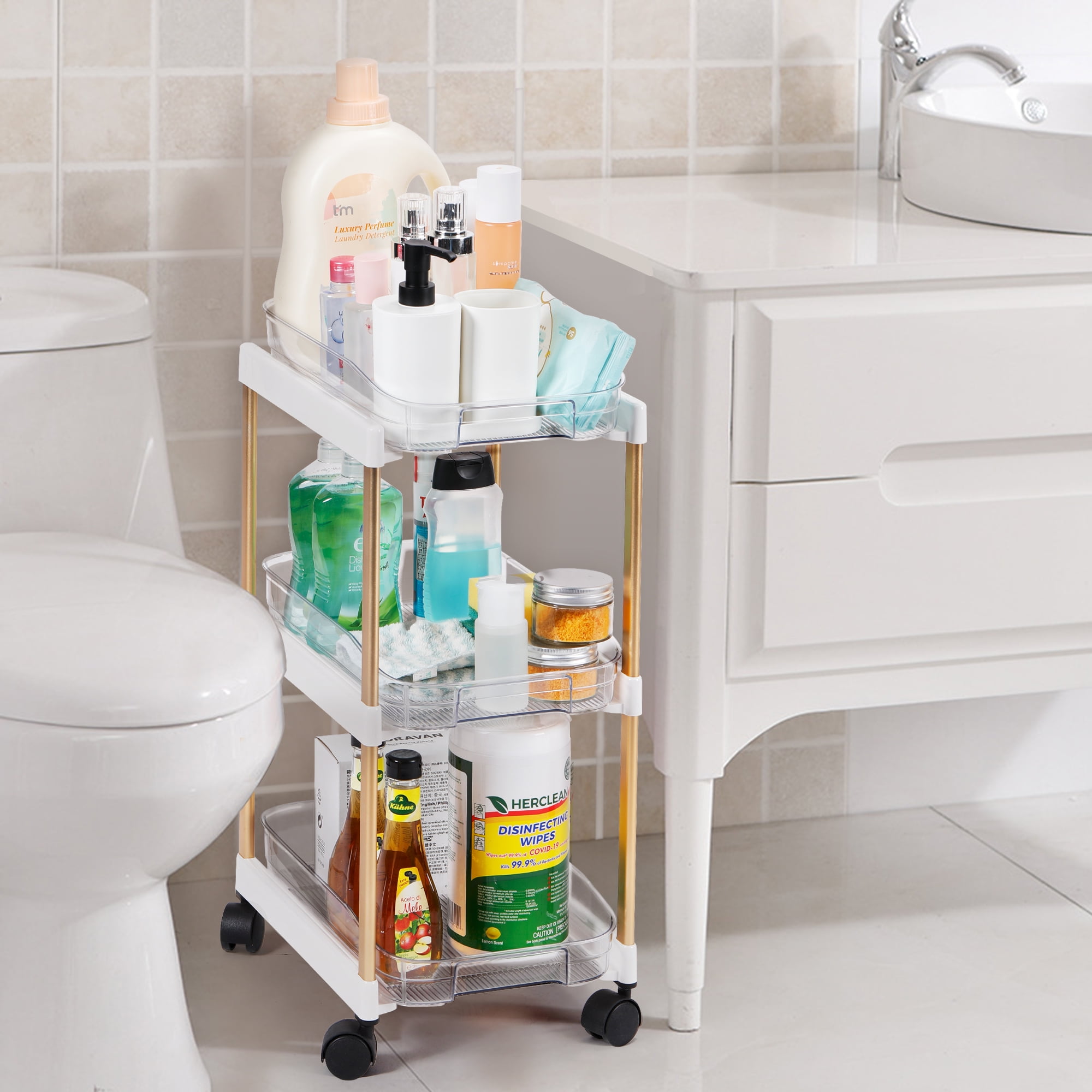 Campmoy 3 Tier Rolling Cart, Laundry Room Rolling Organizer with