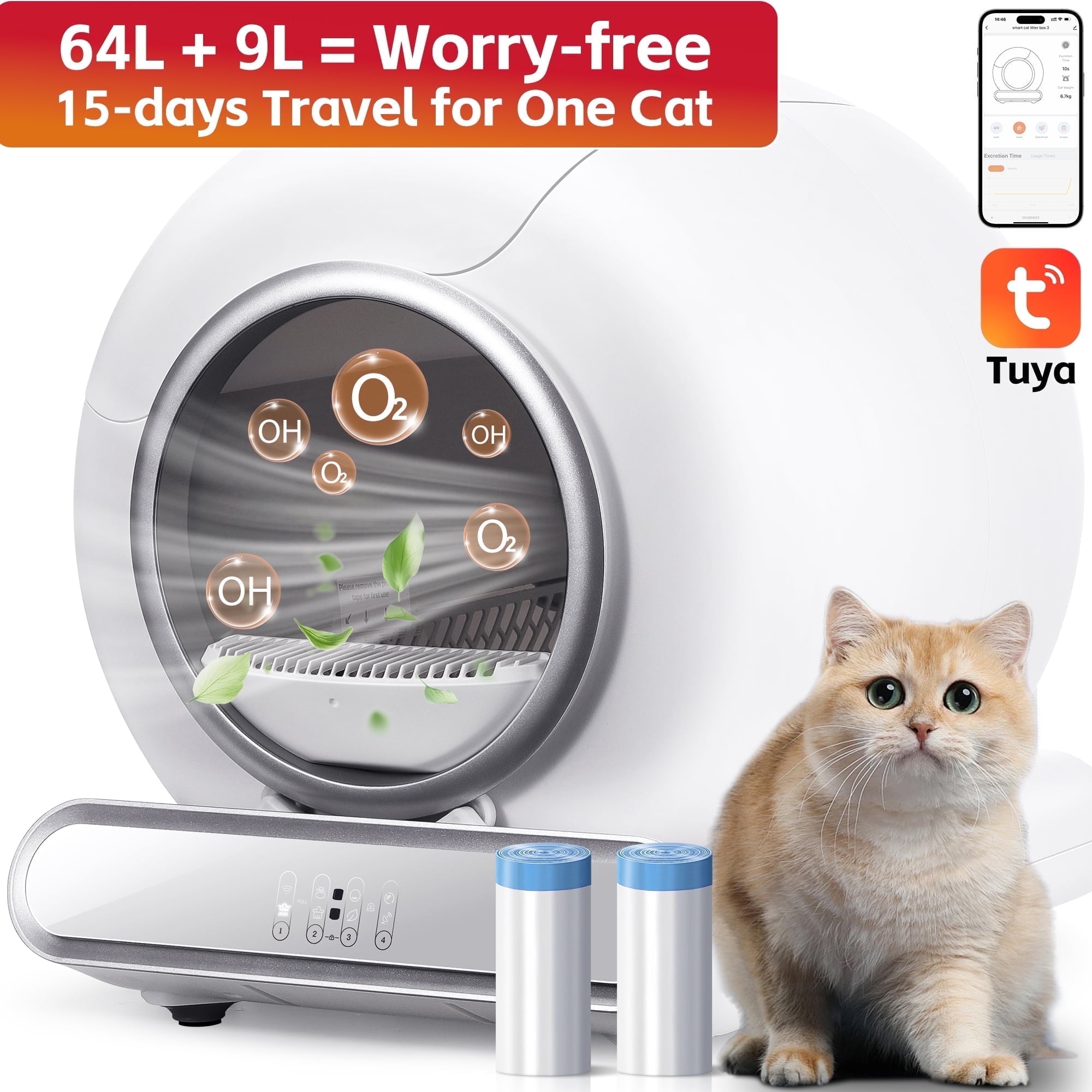 View of Self Cleaning Cat Litter Box, 65L+9L Automatic Cat Litter Box for Milti ...
