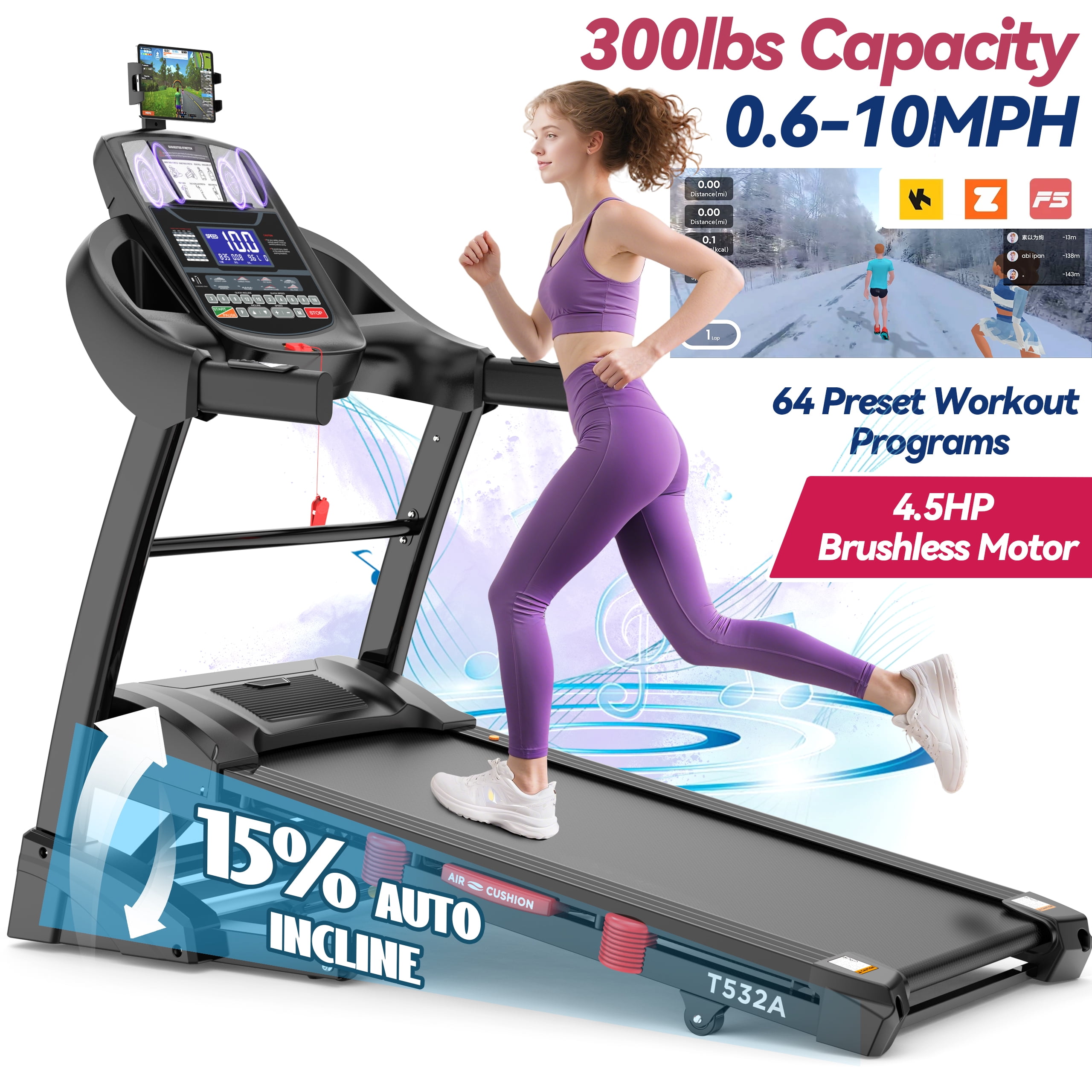 Treadmill 300 lbs Capacity, 4.5HP Folding Treadmills for Home Use with ...