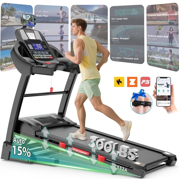 Folding Electric Treadmill for Home, 5HP Motor, 300 Lbs Capacity, Up to 12 MPH Running Machine with 20% Auto Incline, APP & Bluetooth Control, Shock Absorption, HiFi Stereo Speakers, Compact Fitness