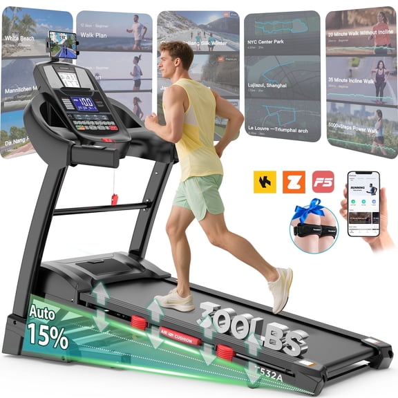 Folding Electric Treadmill for Home, 5HP Motor, 300 Lbs Capacity, Up to 12 MPH Running Machine with 20% Auto Incline, APP & Bluetooth Control, Shock Absorption, HiFi Stereo Speakers, Compact Fitness