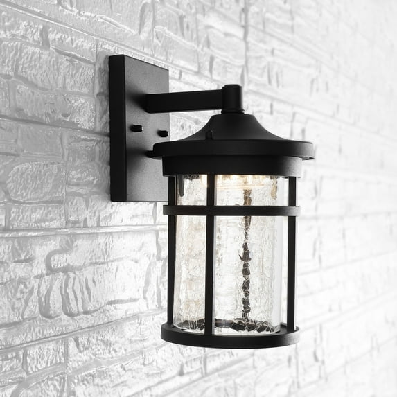 JONATHAN Y Campo 7.75" Outdoor Wall Lantern Crackled Glass/Metal Integrated LED Wall Sconce, Black
