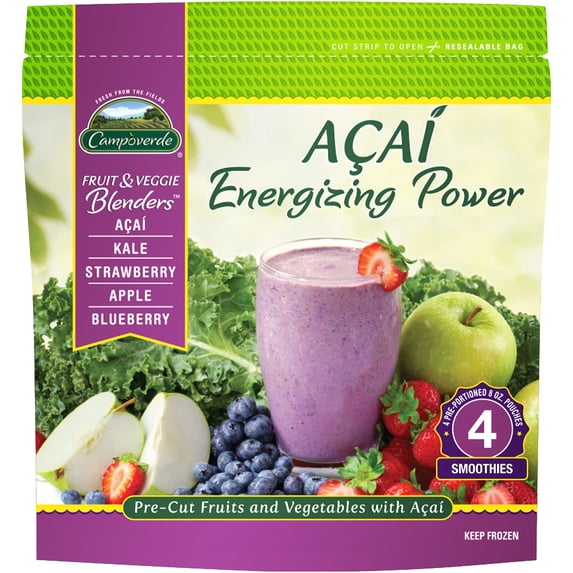 Campoverde Frozen Fruit & Veggie Smoothie Mix, Acai Energizing Power, 4 Pre-Portioned Packs, No Added Sugar, 32 oz