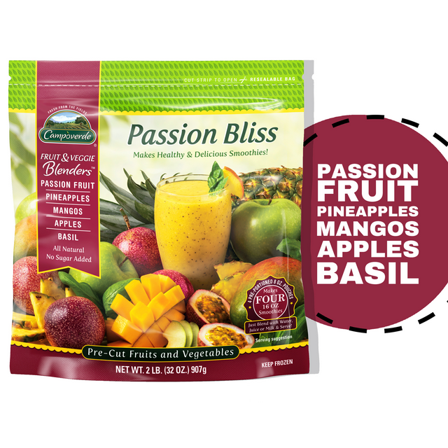 Campoverde Frozen Fruit & Veggie Smoothie 4 Pack, Passion Bliss 32oz Bag with Passion Fruit