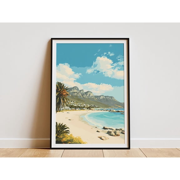 Camps Bay South Africa Beach Travel Coastal Ocean Landscape With Mountains And Palm Trees Poster Unframed Paper Print