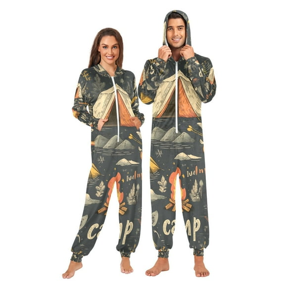 Camps Trees Adult Onesie Pajamas Slim Fit Christmas One Piece Suit Pjs for Women and Men Hooded Zipper