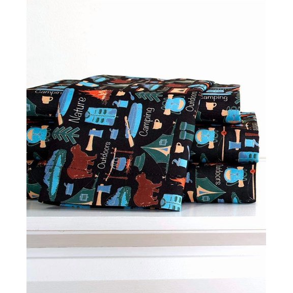 Campsite Sheet Set with Retro Camping Print,4 pcs - Queen