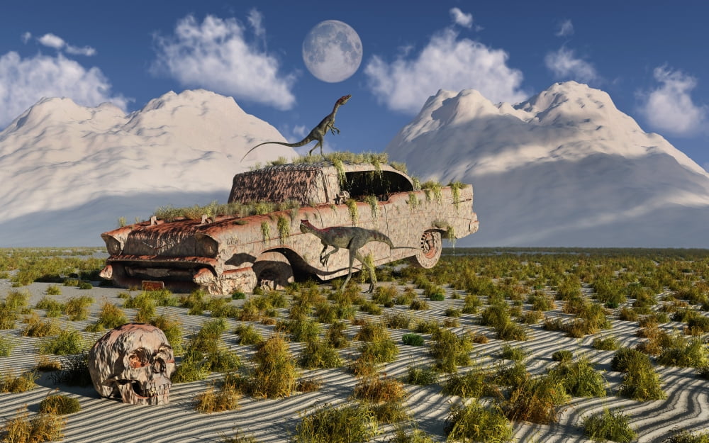 Campsognathus dinosaurs explore a fossilized 1950s American Chevrolet Canvas Art - Mark StevensonStocktrek Images (36 x 23)