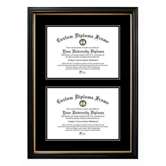 Campus Images PBGTBB01DD-1114 11 x 14 in. Double Degree Petite Black Gold Trim Certificate Frame with Double Black Mats