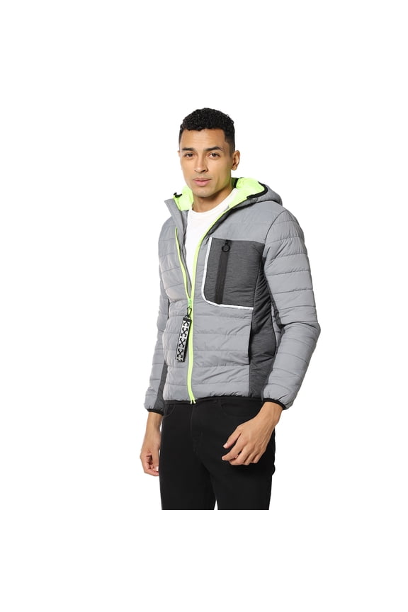 Men Grey Solid Windcheater Padded Jacket with Pocket Detail