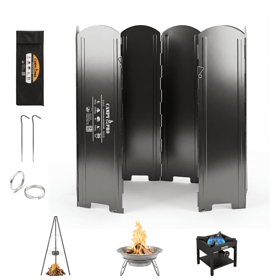 Campy Pro Black Camping Stove Windscreen, Tall 8-Panel Foldable Wind Blocker with Stakes & Bag, 23.6inc (60cm) Portable Windshield for Campfire, Firepit, RV, Outdoor Cooking, Hiking, Picnic