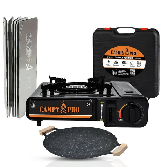 Campy Pro Camping Gas Stove Set with Non-Stick Pan & 12-Plate Windscreen, Portable Butane Stove with Auto Ignition, Non-Stick Frying Pan Outdoor Cooking Kit for Camping, Hiking, RV, Picnic