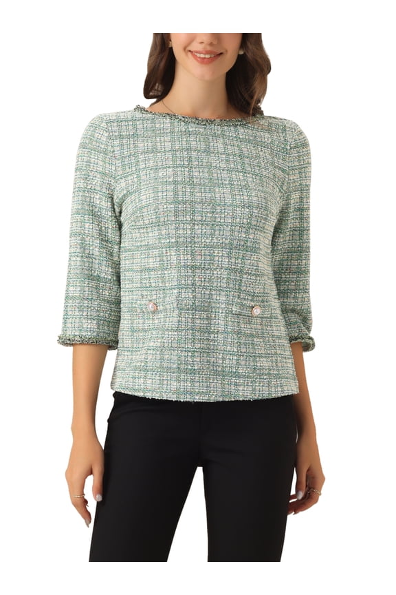 Women's Elegant Tweed Plaid Top 3/4 Sleeve Button Decor Vintage Blouse S Light Green