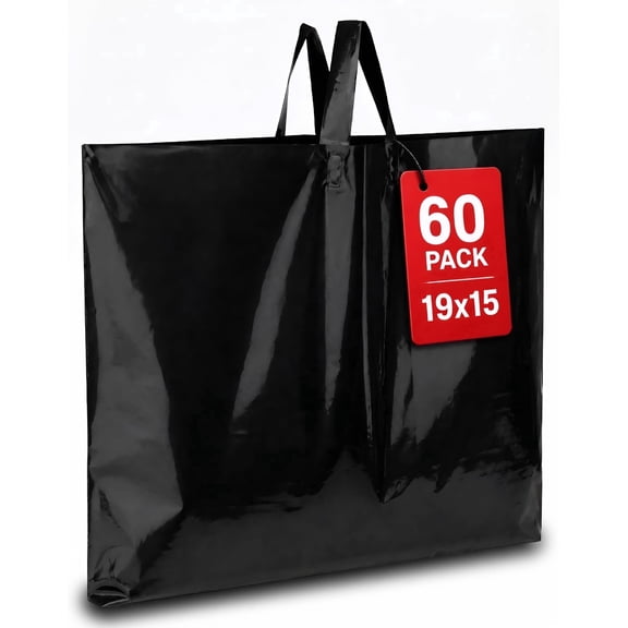 Camtoms 19x15 Large 3 Mil Thick Plastic Shopping Poly Bags with Handles, 60-Pack
