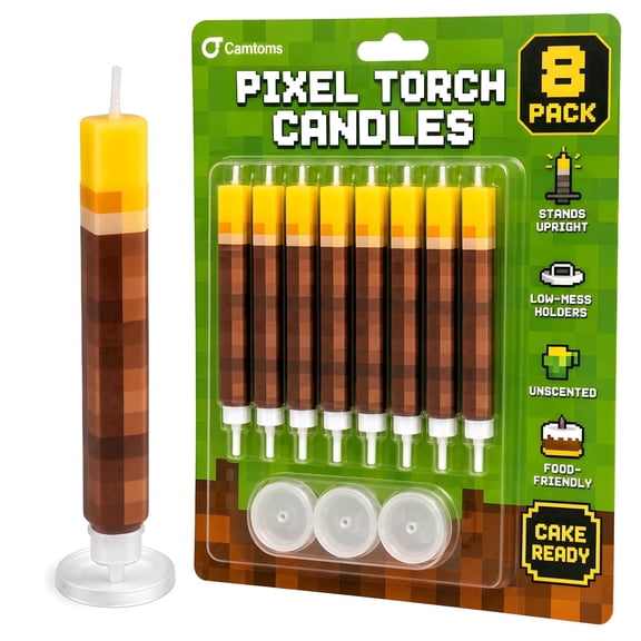 Camtoms Pixel Torch Birthday Candles, 8-Pack, Multicolor, Gaming Theme