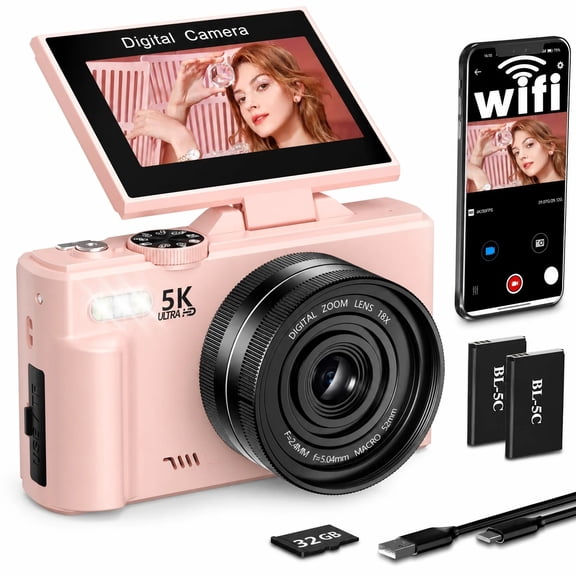 Camtryzine 5K 75MP Digital Camera for Photography YouTube with 180° Flip Screen 32GB Card,WiFi Autofocus Vlogging Camera for Beginner & Teen(Pink)
