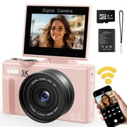Camtryzine 5K 75MP Digital Camera for Photography YouTube with 180  Flip Screen 32GB Card,WiFi Autofocus Vlogging Camera for Beginner & TeenPink