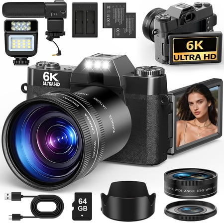 Camtryzine 6K 64MP Digital Camera for Photography, WiFi Compact Autofocus Vlog Content Creator Camera for Youtube Tiktok with 64GB Card (Black)