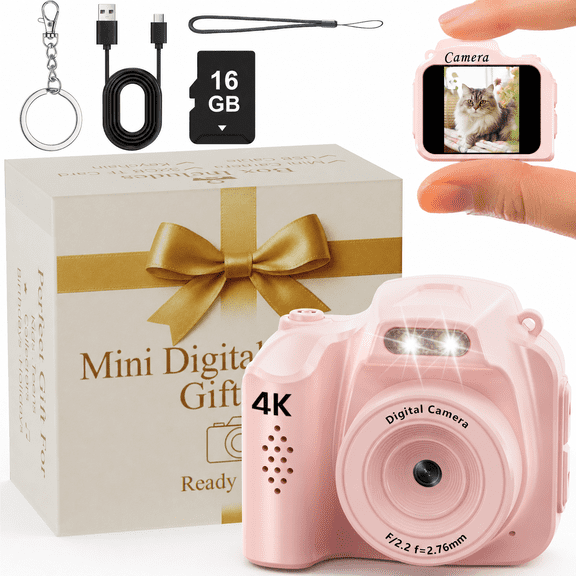 Camtryzine Mini Keychain Digital Camera, 4K Portable Camera Can as Gift with 16GB Card & Elegant Gift Box for Travel, Camp Snap, Birthdays, Pink
