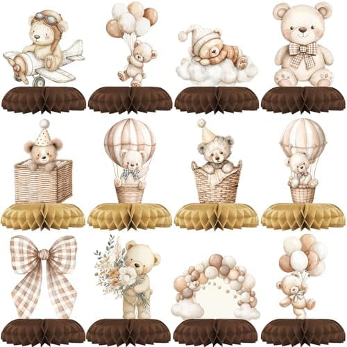 We Can Bearly Wait Baby Shower Centerpieces – 12 PCS Boho Teddy Bear Honeycomb Table Decorations, Brown & Beige Decor for Gender Neutral Teddy Bear Baby Shower